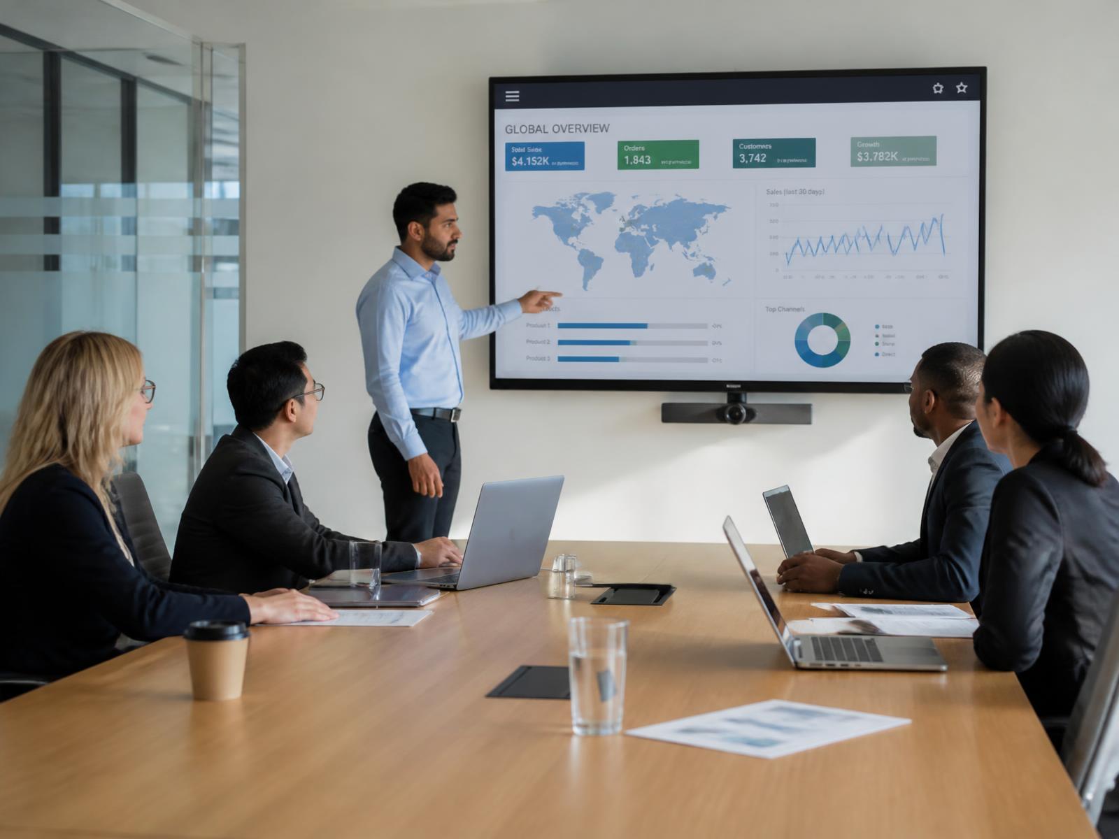 Infrastructure sales team reviewing a municipal intelligence dashboard in a boardroom